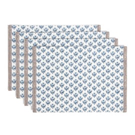 over&back Set of 4 Hand-Blocked Placemats - Colorful Dining Table Mat - Each Placemat is Unique - 100% Cotton - Machine Washable - Kitchen and Home Decor - Blue Blossom