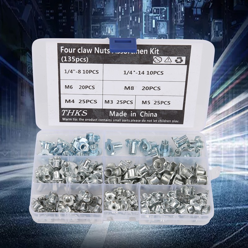 135pcs Carbon Steel Four Claw Nut Assortment Kit for Furniture