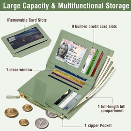 Lapensa Small Womens Wallet-soft Leather RFID Blocking Bifold Zipper Pocket Credit Card Purse-Floral Pattern Wallet with ID Window (green)
