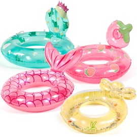 WinnerWhy 4 Pcs Inflatable Pool Float for Girls Toddler Age 5-9 Mermaid Cactus Strawberry Daisy Swim Tube Inflatable Swimming Rings for Swimming Pool Summer Beach Party Decor
