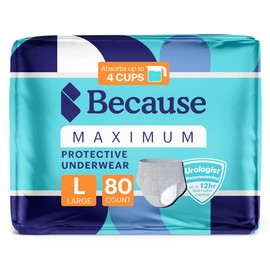 Because Maximum Incontinence Underwear for Men - Heavy Bladder Leak Protection, Ideal for Overnight Leakage, Sleek, Invisible Fit, Grey, Large - Absorbs 4 Cups - 80 Count (4 Packs of 20)