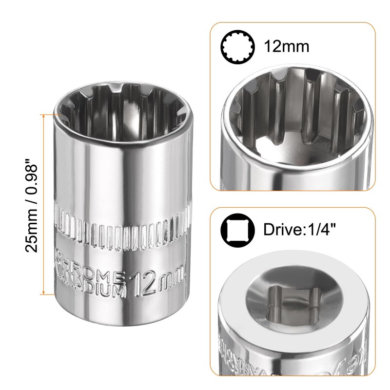 sourcing map 12 Points Socket 1/4" Drive 12mm Metric Shallow