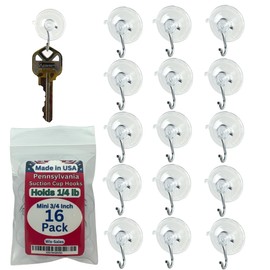 Wis-Sales 16-Pack Mini 3/4 inch (Made in Pennsylvania) Heavy Duty Suction Cup Hooks for Glass Windows. for Signs Holiday Ornaments Suncatchers (Holds ¼ Pound)