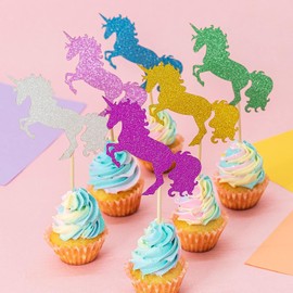 Confetti! Unicorn Cupcake Toppers (Pack 24) - Unicorn Party Glitter Colorful Cupcake Toppers Supplies - Baby Shower Girls Party Dessert Food Picks Decorations