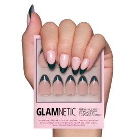 Glamnetic Press On Nails - Château | Semi-Transparent Dark Green French Tip Short Almond Fake Nails in a Glossy Finish, Salon Quality | 15 Sizes - 30 Nail Kit