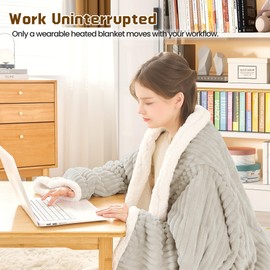 Heated Wearable Electric Blanket with Sleeves & Foot Pocket, Stripe Fleece Sherpa, 6 Heat Levels 12H Timer Setting, Over-Heat Protection, Machine Washable, 52x72 Inches Gray for Office/Home/Gift