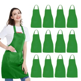 NOBONDO 12 Pack Bib Apron - Unisex Green Apron Bulk with 2 Roomy Pockets Machine Washable for Kitchen Crafting BBQ Drawing