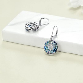 Tree of Life Leverback Earrings Sterling Silver Dangle Drop Earrings with Blue Crystal, Birthday Jewellery Gifts for Women (Blue)