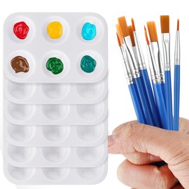 Abeillo Mini Mixing Palette, 6 Pieces Paint Tray & 8 Pieces Brushes, Mixing Palette, Watercolour Palette, Plastic Art Painting and Craft Lessons, for Watercolours, Oil, Acrylic Painting, 8.8 x 12.5 cm