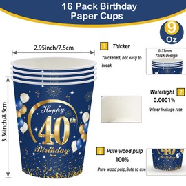 MORAINJAY 40th Birthday Paper Cups, Pack of 16, Blue with Gold Paper Cups for Men, Women, 40th Birthday Party, 9 oz/250 ml Paper Cups for 40th Birthday Party Decoration