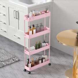 SPACELEAD Slim Storage Cart 4 Tier,Bathroom Storage Organizer Rolling Utility Cart, Mobile Shelving Unit Slide Out Storage Cart for Office, Bathroom, Kitchen, Laundry Room & Narrow Places， Pink