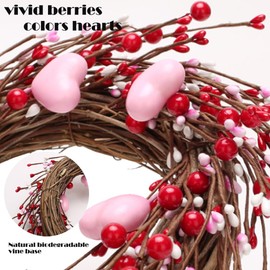Valentines Wreath, 16 Inches Red Pink Berries Heart Wreath for Valentines Decor Front Door Wreath Valentine Wreath for Front Door Home Indoor,Wedding Anniversary Party