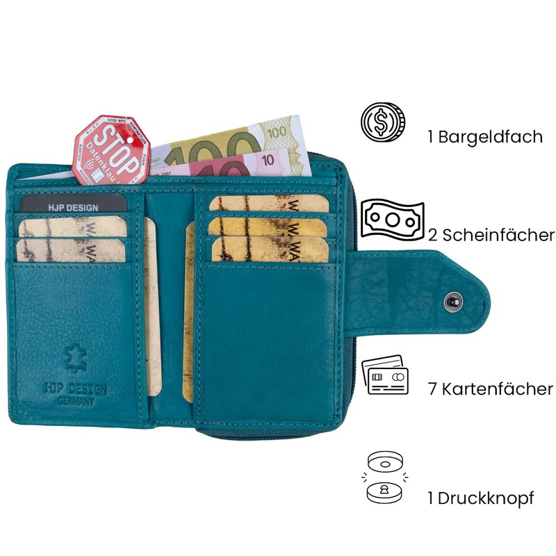 WATZMANN Cridola Genuine Leather Zip Wallet with RFID Protection, aqua,