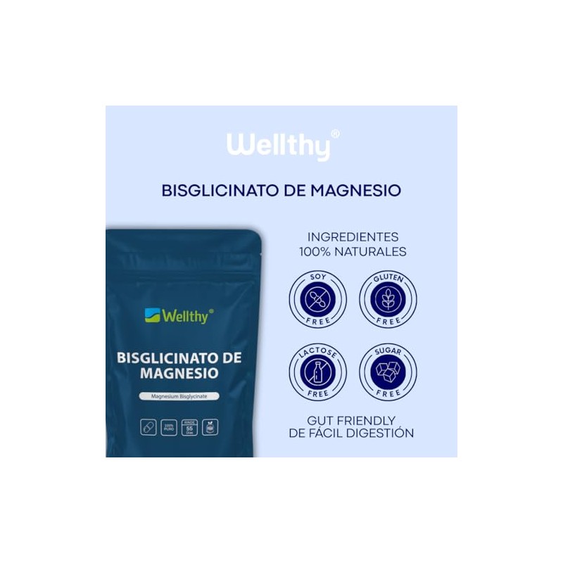 Wellthy Bisglicinato Magnesio 220 Cápsulas 432mg Elemental 100 Natural Alta