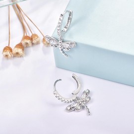 Cute Dragonfly Small Hoop Earrings Sterling Silver 925 Cubic Zirconia Cartilage Earrings Huggie Hoops Lever Back Earring Dainty Jewelry present for Women Girls