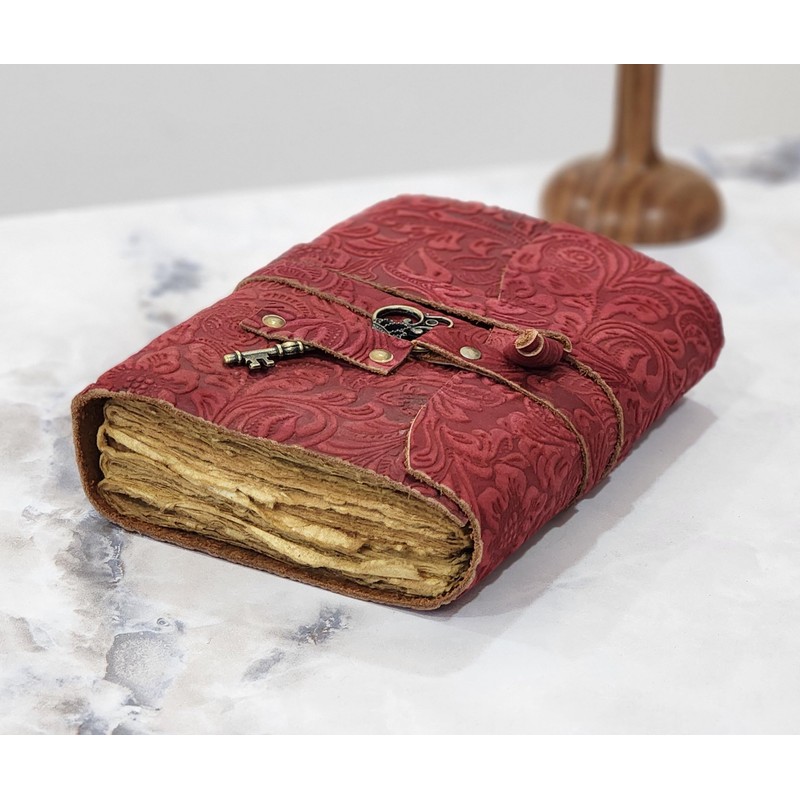 Embossed Leather Journal with Antique Key Vintage Pages Handmade Journal