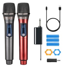 HUACAM Wireless Microphones, Dual Handheld Dynamic Wireless Mic for Karaoke, Wedding, DJ, Party, Speech, Church, Class, PA System, 200ft, Gray & Red