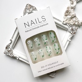 Square Press on Nails Medium Length Fake Nails White Flowers False Nails with Gold Beads Design Glossy Green Leaf 3D Flowers Artificial Acrylic Nails Spring Summer Glue on Nails for Women Girls
