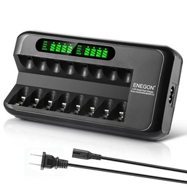 ENEGON Cargador de Pilas Recargables, Cargador Pilas Rápido con Adaptador de CA y Pantalla LCD Inteligente, Cargador de Pilas Independiente de 8 Ranuras para Pilas Recargables AA AAA NI-MH NI-CD