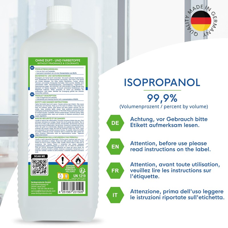 Isopropanol 99.9% 1000 ml Solvent Isopropyl Alcohol for Degreasing and