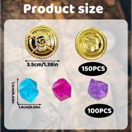 Treasure Chest Children's Birthday, Pirate Decoration Children's Birthday Party with 250 Gold Coins and Gemstones, Ideal for Treasure Hunting, Children's Birthday Party 6 Years and Pirate Party