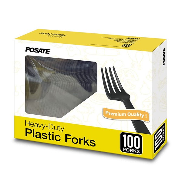 POSATE Disposable Forks, Plastic Forks, Pack of 100, Black, Disposable Utensils for Party Supply