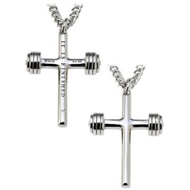 Shields of Strength Men's 14K Gold Plated and Stainless Steel Fitness Gym Dumbbell Cross Pendant Necklace Inscribed with John 19:30 Bible Verse - Christian Gifts