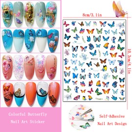 8 Sheets Butterfly Nail Art Stickers Colorful Butterflies Nail Decals Self-Adhesive Nails Sticker Flowers Butterfly Nail Art Design 3D Nail Accessories for Women Manicure Tips DIY Nails Supplies
