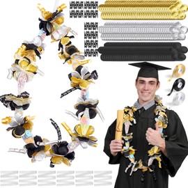 Unittype 6 Sets 2025 Graduation Candy Lei Making Kit DIY Lei Netting Tubing Include 5 ft Mesh Bag 3 Rolls of 98 ft Ribbon 216 Pcs Flower Pieces for Grad Party Supplies(Gold, Silver Gray, Black)