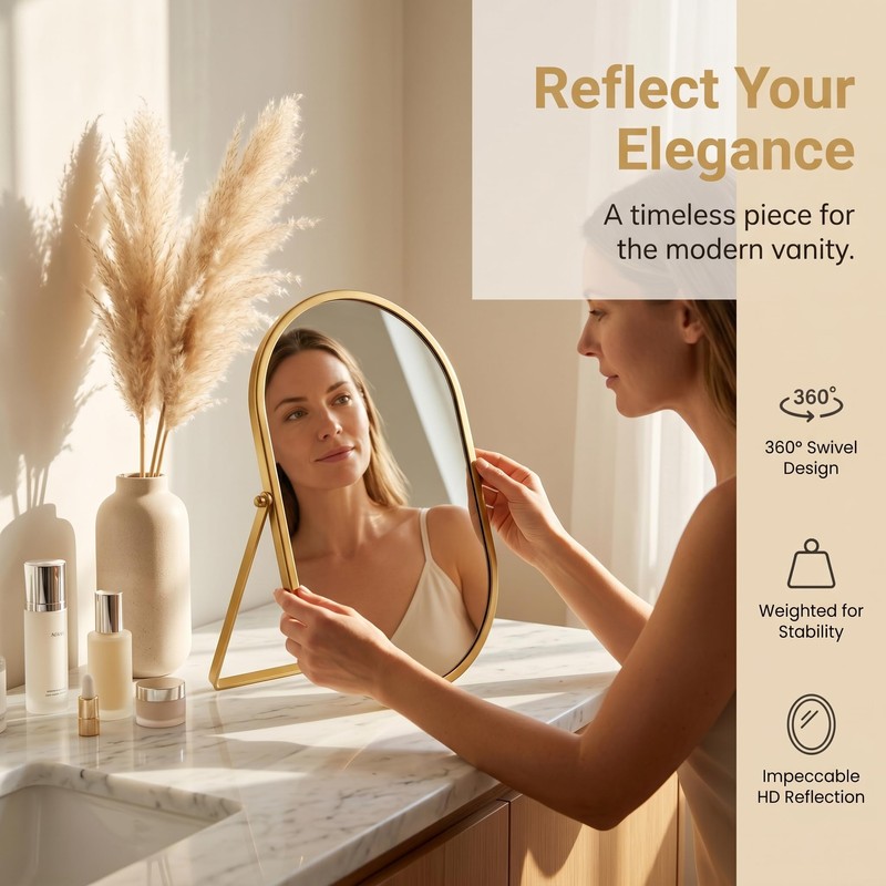 Gold Oval Vanity Mirror, 360° Rotation 180° Tilt Adjustable Desktop