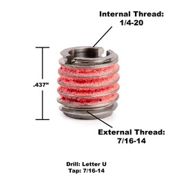 E-Z LOK - 303-4 E-Z Lok Externally Threaded Insert, 303 Stainless Steel, 1/4"-20 Internal Threads, 7/16"-14 External Threads, 0.437" Length, Made in US (Pack of 5)`