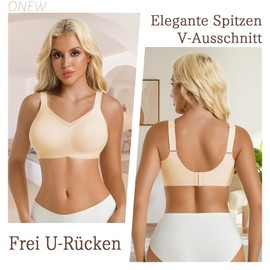 ONEW Women's Padded Bra Without Underwire Supportive Push Up Soft Cup Bra Comfortable Non-Wired Bralette Mesh V-Neck Padded Bustiers Top for Everyday Use, beige, XL