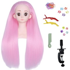 Mannequin Head for Kids with Pink Yaki Straight Hair,Kids’ Mannequin Doll Head to Practice Braiding