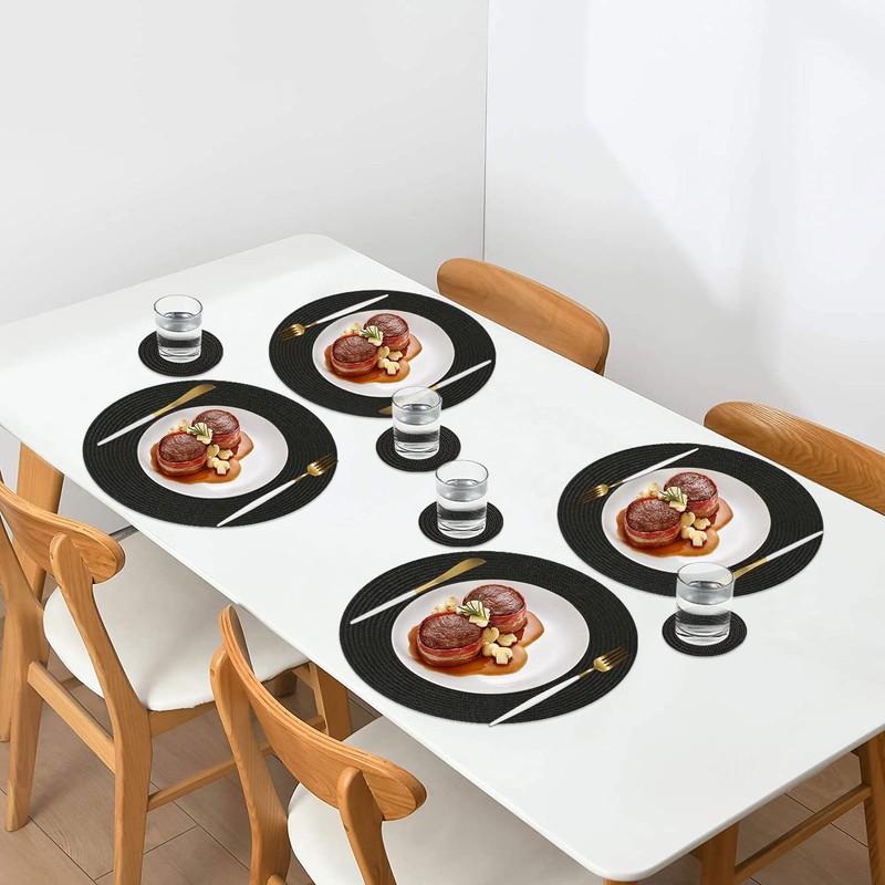 Homcomodar Round Placemats and Coasters Set of 6 Braided Woven