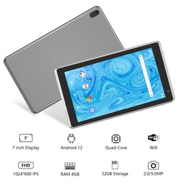 BYANDBY Tablet 7 inch Android 12.0 Tablet, 4GB+32GB ROM （1TB Expand）, Quad-Core, WiFi, GMS, Dual Camera, Educational, Games (Silver)