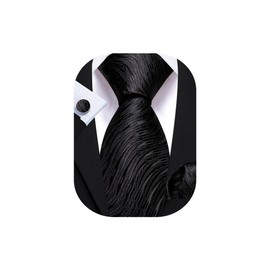 Barry.Wang Black Tie for Men Stripe Silk Necktie Pocket Square Cufflinks Formal Business Wedding Party