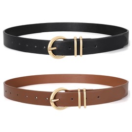 XZQTIVE 2 Pack Womens Leather Belts for Jeans Dress Pants Fashion Plus Size Ladies Black Waist Belt with Gold Buckle
