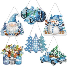 Pickmesh 6 Pcs Winter Diamond Painting Kits DIY Diamond Painting Hanging Sign Snowman Diamond Art for Home Decorations Wall Door Window Decor and Creative DIY Winter Ornament