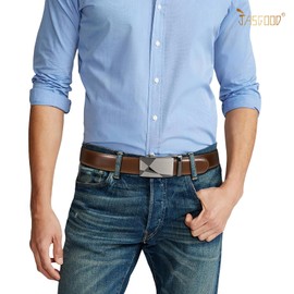 JASGOOD Leather Men Belt, Sliding Ratchet Leather Belt for Men Suit with Automatic Buckle 1.38" Wide,Brown(Gun Black Buckle)