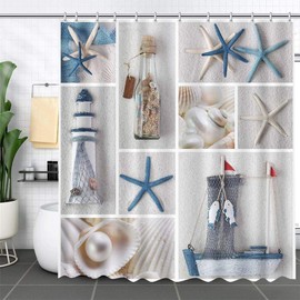 MEHOFOND 72x72 inch Summer Nautical Shower Curtain Set Marine Starfish Sail Boat Beach Shell Sea Waterproof Shower Curtain with 12 Hooks Bathroom Decoration