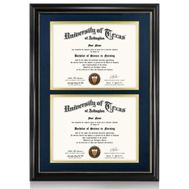 GraduationMall Double 8.5x11 Diploma Frame,Solid Wood & UV Protection Acrylic,Black Finish with Gold Trim,Navy Blue & Gold Mat