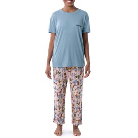 Wrangler Women's Short Sleeve Graphic Tee and Printed Pants Pajama Sleep Set, Blue/Cowgirl