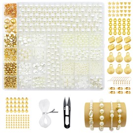 1400 Pieces White Beads for Threading Adult Bracelets Make Your Own Set 3/4/6/8/10/12 mm, Golden Beads, Spacer Beads Set for DIY Necklaces, Bracelets, Jewellery Crafts