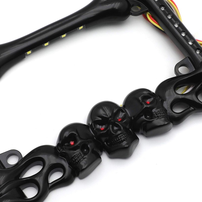 HTTMT- 3D Black Skull Flame Bone License Plate Frame w/LED