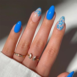 Blue Pink Press on Nails Short Almond Fake Nails French Tip Full Cover Glue on Nails Blue Flower Glossy Acrylic Nails Cute Spring Summer White Floral Stick on Nails for Women Girls Nail Decor 30PCS