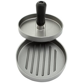 LANDMANN Selection Burgerpresse | Mit Kunststoffgriff und Antihaftbeschichtung | Geriffelte Oberfläche für kürzere Garzeiten | Inklusive Anleitung und Rezept | 12 cm Durchmesser [Aus Aluminiumguss], Silber/Schwarz