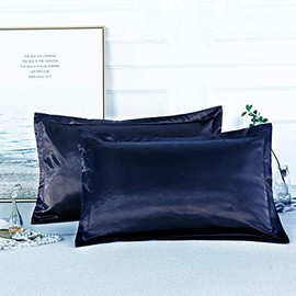 JUWENIN 2pc New Queen/Standard Silk~y Satin Pillow Case Multiple Colors (Nave Blue, Standard)