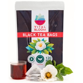 Vital Bloom Black Tea, 120 Count Tea Bags, Smooth, Flavourful, and Robust, Enjoy Hot or Cold Brew, Bleach Free Tea Bags, Non GMO (Free Bamboo Tongs Included)