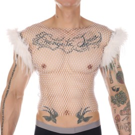 ABAFIP Men's Rhinestone Rave Top Furry Trim Sleeveless Sheer Crop Tops Tanks Fishnet Shirts Music Festival Outfits White Medium
