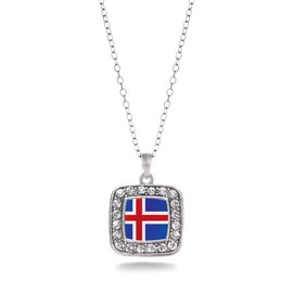 Inspired Silver - Iceland Flag - Silver Necklace for Women - Square Pendant Chain Necklace Jewelry Gift with Cubic Zirconia - Women's Necklace Charm with Lobster Claw Clasp
